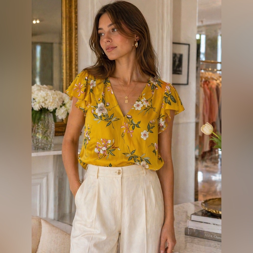 Rebecca Taylor Silk Floral Blouse Designer $295 MSRP Yellow‎ Size 0